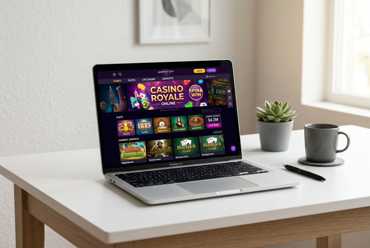 A sleek laptop showing a casino interface