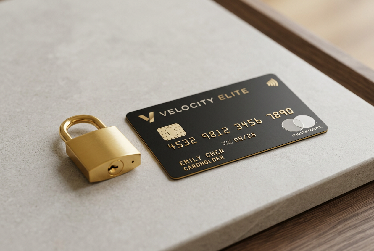 Close up of a credit card and a gold lock
