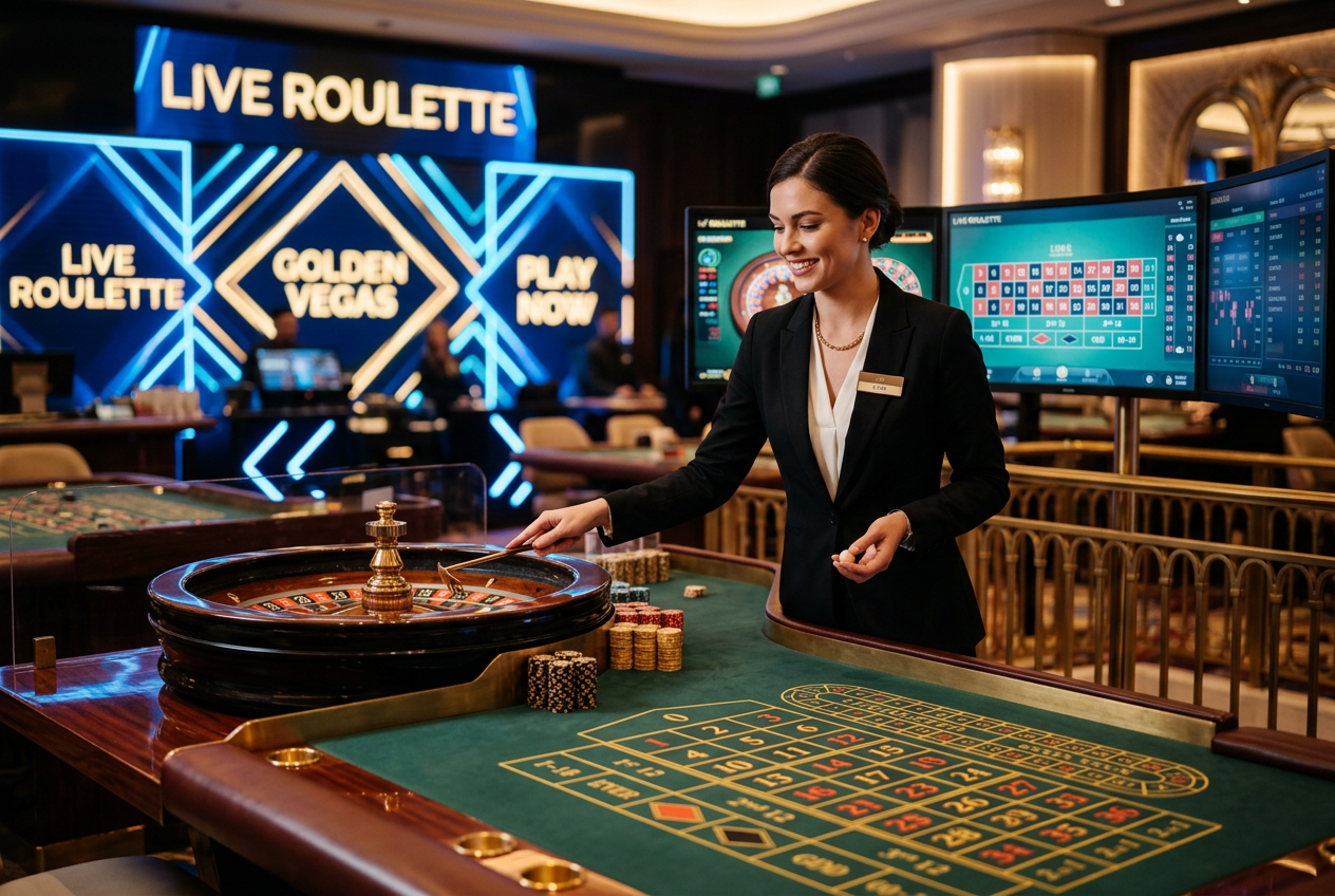 A high-end live roulette table with a professional dealer in a studio.
