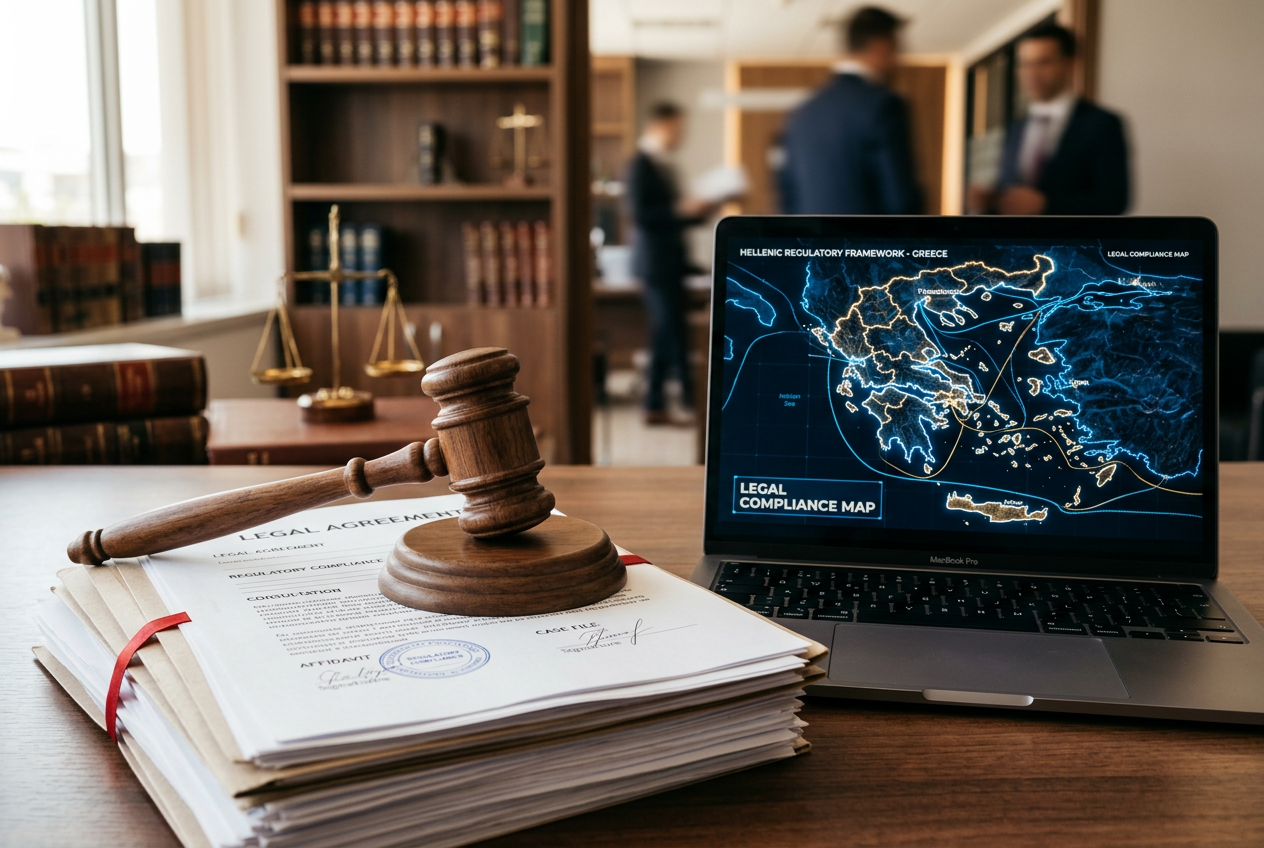 Legal documents and a gavel representing Greek gambling regulations.