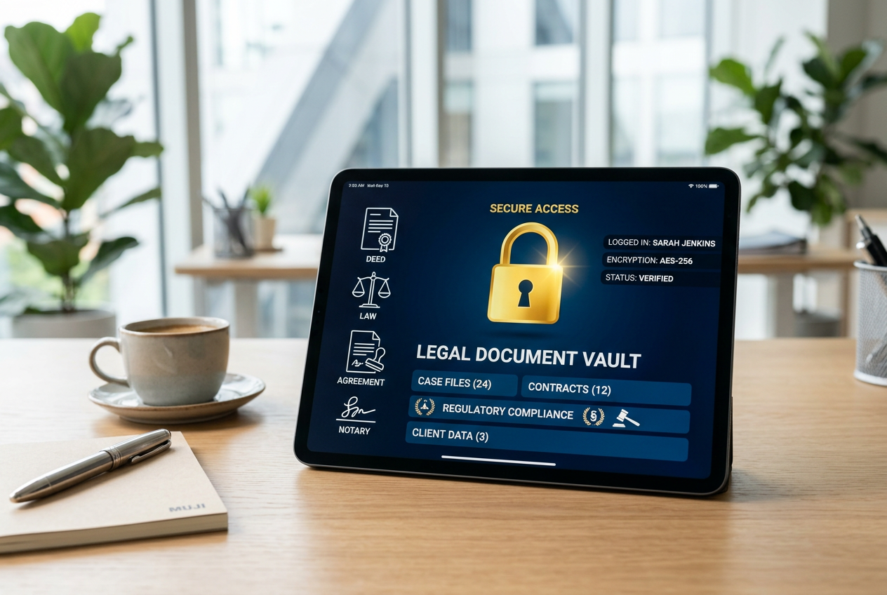 A digital tablet showing security icons and legal document symbols