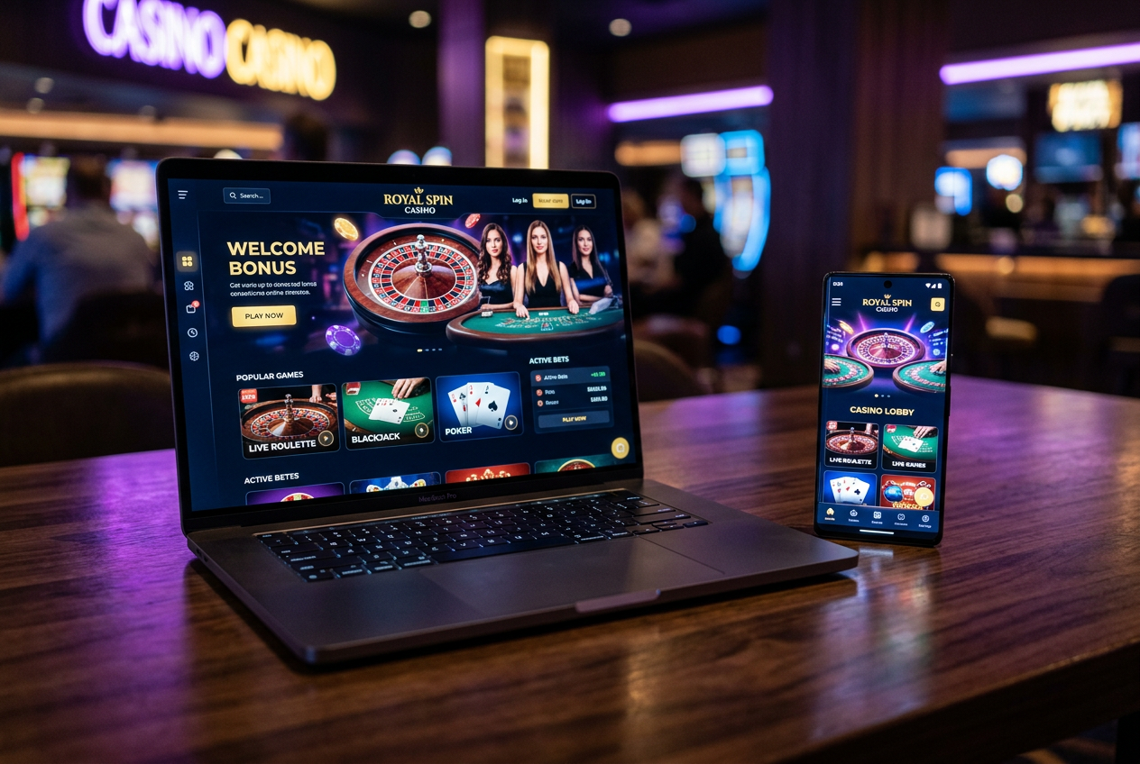 Modern digital casino interface with luxury gaming elements on a laptop and phone